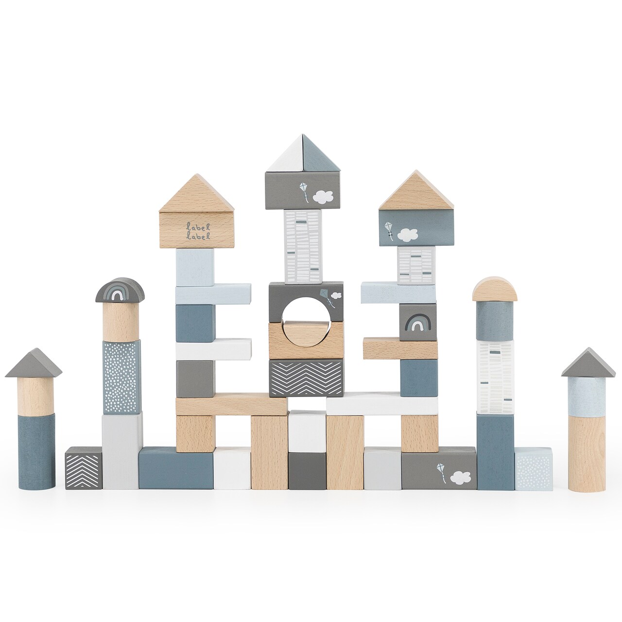 Label Label: Wooden Blocks Set 50pcs - Blue - Natural Wooden & Colored Blocks, Creative Building & Stacking, Range of Shapes & Sizes, Kids Ages 2+